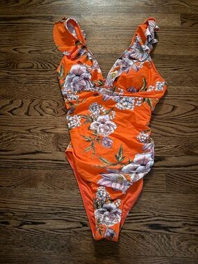 Cupshe One Piece Swimsuit Orange Floral Cutout Tie Back Women’s NWT Beach